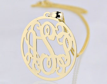 10kt or 14kt Solid Gold 3 Initials Circle Monogram Pendant Necklace 1 Inch Personalized Jewelry GM42