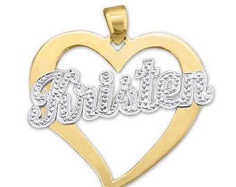10k or 14k Solid Gold Personalized Heart Pendant Diamond Accent Name 2 Tone Jewelry.