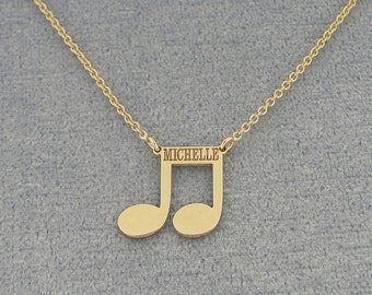 10k or 14k Solid White or Yellow Gold Tiny Music Note Charm Pendant Necklace Deep Laser Engraved Any Name GC28C