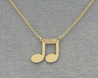 10k or 14k Solid White or Yellow Gold Tiny Music Note Charm Pendant Necklace Deep Laser Engraved Any Name GC28C