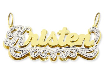 Personalized 10K or 14K Real Solid Gold 3D Double Plate Pendant Custom Name 2 Tone Charm Fine Jewelry
