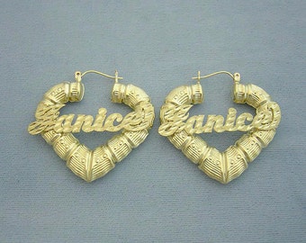 10K Gold Personalized Name Puffy Heart Bamboo Hollow Earrings 1 1/2 Inch Wide GB42NC