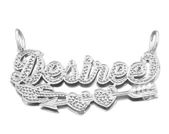 Sterling Silver Personalized 3D Double Plates Diamond Accent Hearts Cupid Arrow Name Pendant Necklace Jewelry SD48