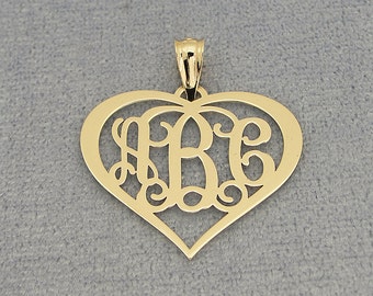 10kt or 14kt Solid Gold 3 Initials Heart Monogram Pendant Necklace Fine Jewelry 1" Wide GM56