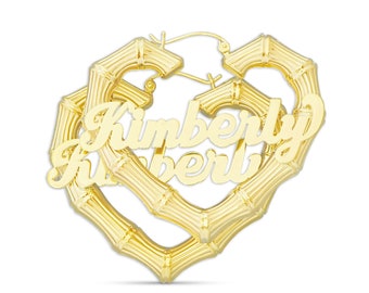 10k or 14k Real Gold Personalized Name Skinny Heart Shape Bamboo Earrings 2 Inches Wide Fine Jewelry