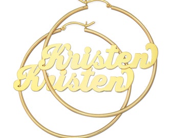 14K Yellow Gold Personalized Shiny Name Hoop Earrings 2.1 Inch Sturdy 2 MM Round Tube