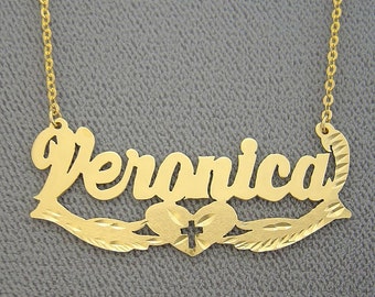 10K or 14K Yellow or White Solid Gold Personalized Name Necklace Cross Heart 2 Hands Underneath Diamond Cut   NN44