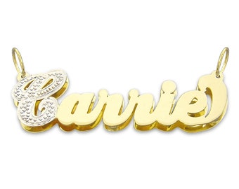 3D Double Plates Cursive Name Pendant Solid 10K or 14K Gold 2 Tone Iced Out Fine Jewelry