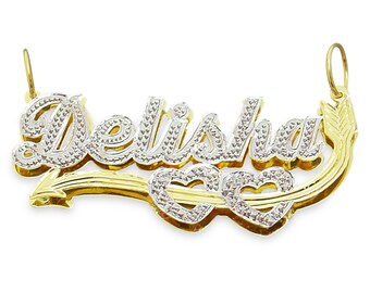Personalized Solid 10K or 14K Gold 3D Valentine Cupid's Arrow Hearts Pendant Charm 2 Tone Fine Jewelry