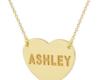 10k or 14k Solid White or Yellow Gold Tiny heart Disc Charm Pendant Necklace Deep Laser Engraved Any Name GC22C