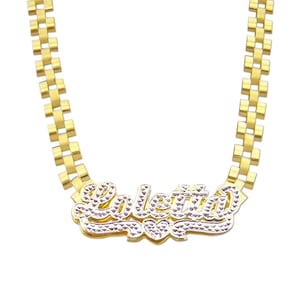10K Gold Personalized Name 6 mm Watch Band Style Link Chain Diamond Accent 3D Double Plates RCN06