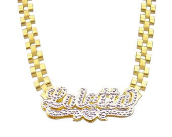 10K Gold Personalized Name 6 mm Watch Band Style Link Chain Diamond Accent 3D Double Plates RCN06