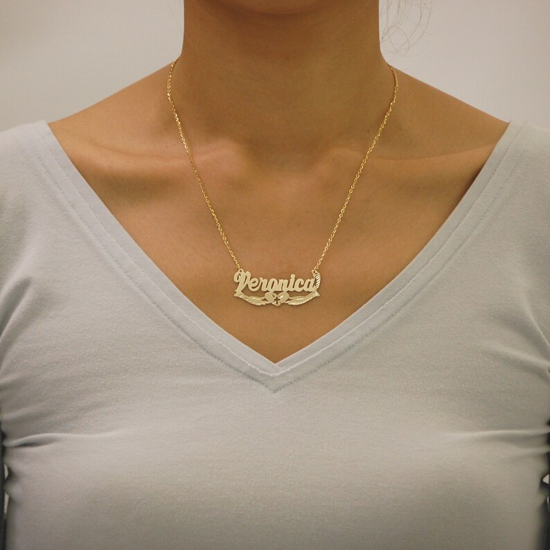 10K or 14K Yellow or White Solid Gold Personalized Name Necklace Cross Heart 2 Hands Underneath Diamond Cut NN44