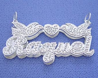 Sterling Silver 3D Personalized Name Pendant Custom Made Charm 2 Loving Birds Heart SD35