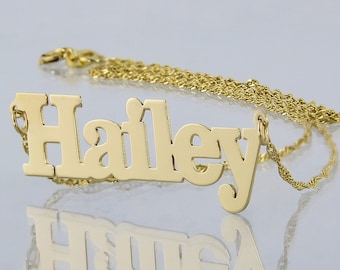 Small Solid 10k or 14k Yellow Gold Personalized Name Necklace Laser Cut Block Font Style Fine JewelryNN06