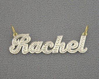 10K or 14K Solid Gold 2 Tone Personalized Name Pendant Diamond Accent NT01