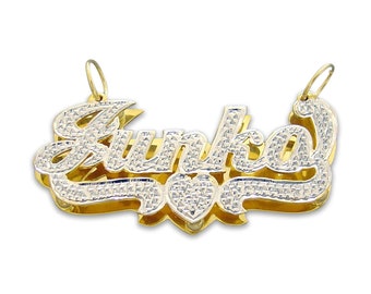 Solid 10K or 14K Gold 3D Pendant Diamond Accent Iced Out Personalized Double Plates Name Charm ND34