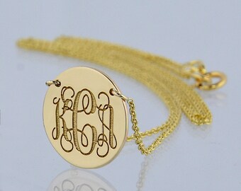 10k or 14k Solid White or Yellow Gold 1/2 Inch Tiny Disc Charm Pendant Necklace Deep Laser Engraved 3 Initials Monogram GC06C