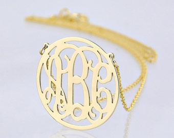 10kt or 14kt Solid Gold 3 Initials Monogram Necklace 3/4 Inch Fine Personalized Jewelry GM41C