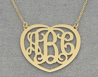 10kt or 14kt Solid Gold 3 Initials Heart Monogram Necklace 1 Inch Fine Personalized Jewelry GM52C