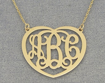 10kt or 14kt Solid Gold 3 Initials Heart Monogram Necklace 1 Inch Fine Personalized Jewelry GM52C