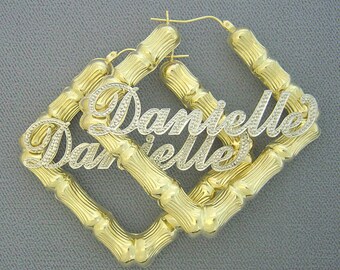 Personalized 10k Real Gold Square Door Knocker Iced Out Name Bamboo Earrings 2.5 Inches Wide