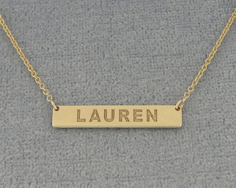 1 Inch Solid 10kt or 14kt Yellow or White Tiny Horizontal Bar Necklace Deep Laser Engraved Any Name
