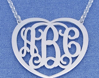 Sterling Silver Personalized 3 Initials heart Monogram Necklace Fine Jewelry 1.25" Wide SM53C