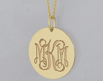 3 Initial Monogram Charm Pendant Necklace 1 Inch Round Disc Deep Laser Engrave 10K or 14K Solid Gold Made in USA GC09