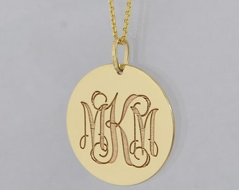 3 Initial Monogram Charm Pendant Necklace 1 Inch Round Disc Deep Laser Engrave 10K or 14K Solid Gold Made in USA GC09