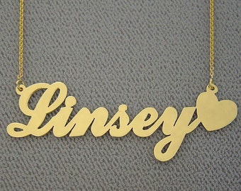 10k or 14k Solid Gold Personalized Name Necklace Laser Cut Script Font Letters with Heart NN30