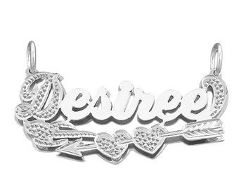 Sterling Silver Name Pendant Necklace 3D Double Plates Diamond Accent Hearts Cupid Arrow Personalized Jewelry SD47