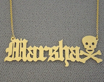 10K or 14K Yellow or White Solid Gold Personalized Name Necklace Old English Font with Crossbone Skull NN32