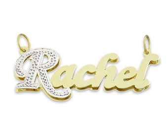 Solid 10k or 14k Gold Personalized Jewelry Double Plates Script Name Pendant Two Tone Fine Jewelry