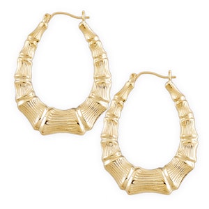 10k Real Gold Oval Shape Drop Down Bamboo Earrings Jewelry 1.25 Inch