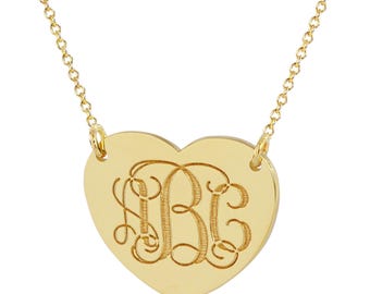 10k or 14k Solid White or Yellow Gold 1/2 Inch Tiny Heart Disc Charm Pendant Necklace Deep Laser Engraved 3 Initials Monogram GC21C