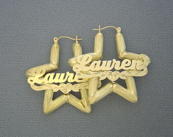 10K Gold Star Bamboo Personalized Name Earrings 1.75 Inch Diamond Cut Nameplate Hoops