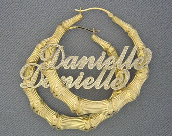 10K or 14K Two Tone Gold Personalized Diamond Accent Name Hollow Round Bamboo Earrings 2.2 Inches Diameter