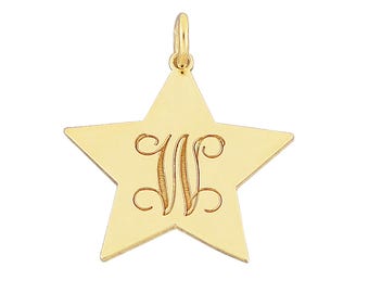 10K or 14K Solid White or Yellow Gold Tiny Star Disc Charm Pendant Necklace Deep Laser Engraved Monogram Initial GC25