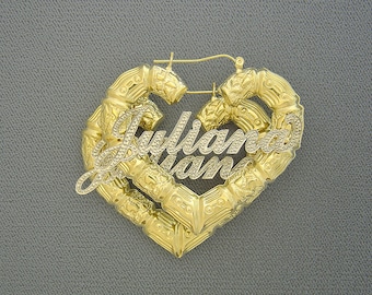 10k Gold Diamond Accent Rhodium Iced Out 2 Tone Name Heart Bamboo Earrings 2.2 Inches