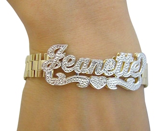 10K Gold Personalized Name 10mm Watch Band Style Bracelet Anklet Diamond Accent 3D Nameplate ID Customized Jewelry