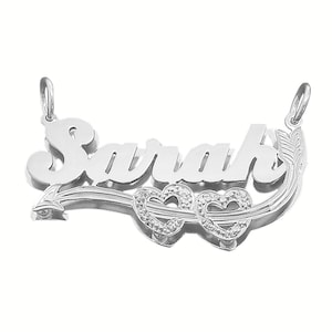Sterling Silver Personalized 3D Double Plate Name Pendant Necklace 2 Hearts Arrow SD23