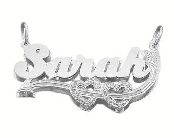 Sterling Silver Personalized 3D Double Plate Name Pendant Necklace 2 Hearts Arrow SD23