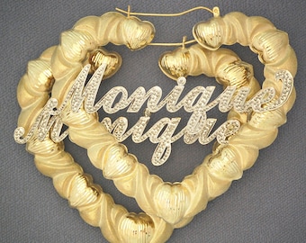 10k Real Gold Iced Out Name Diamond Cut Heart Hoop Earrings 3 Inches Wide Personalized Custom Made