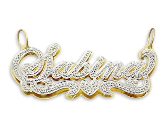 Solid Real 10K or 14K Gold 3D Double Plates Pendant Diamond Accent Name Charm Iced Out Jewelry