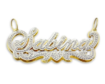 Solid Real 10K or 14K Gold 3D Double Plates Pendant Diamond Accent Name Charm Iced Out Jewelry