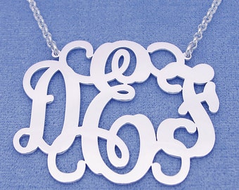 Personalized Sterling Silver 3 Initials Monogram Necklace 1 3/4 inch wide SM34C