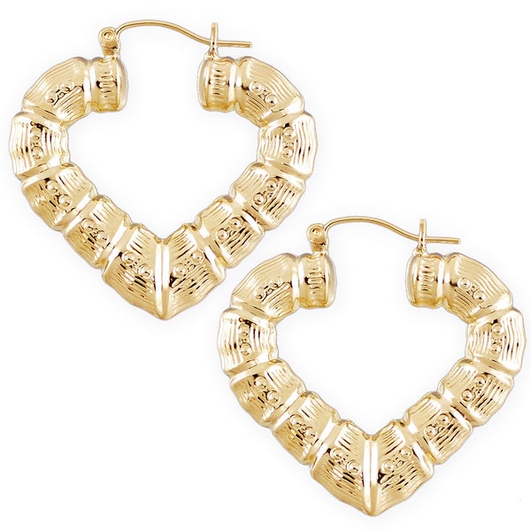 10K Real Yellow Gold Puffy Heart Bamboo Earrings 1.5 Inch