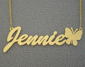 10k or 14k Solid Gold Personalized Name Necklace Laser Cut Script Font Letters with Butterfly NN31