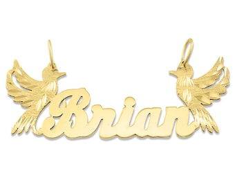 10K or 14K Solid Gold Personalized Nameplate Pendant Diamond Cuts 2 Birds Kissing Heart